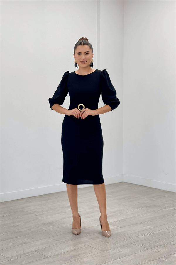 Krep Kumaş Kolları Balon Detaylı Kalem Elbise - SİYAH