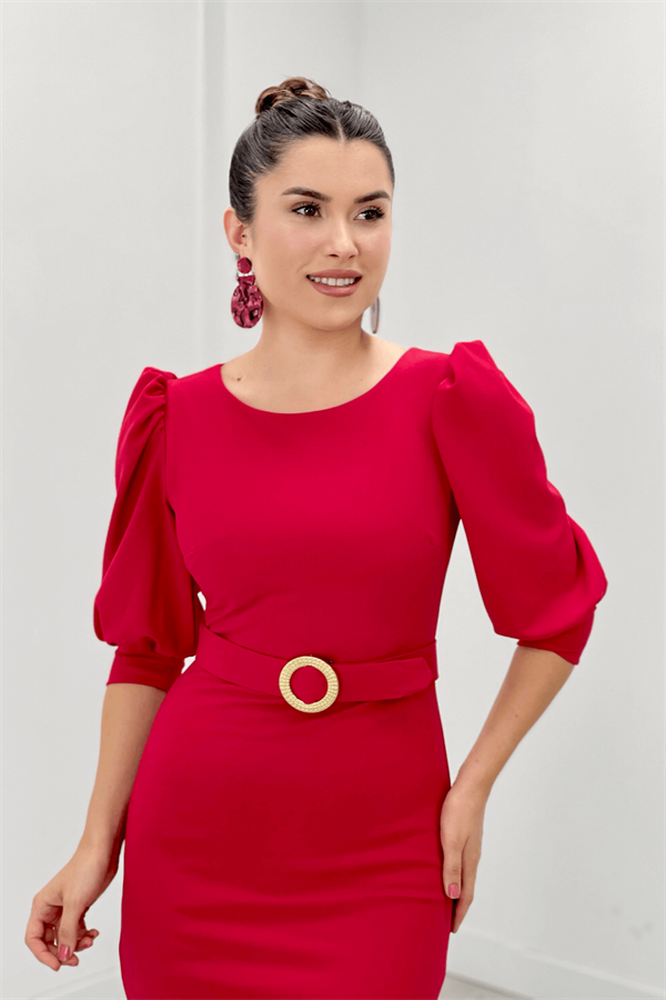 Krep Kumaş Kolları Balon Detaylı Kalem Elbise - KIRMIZI