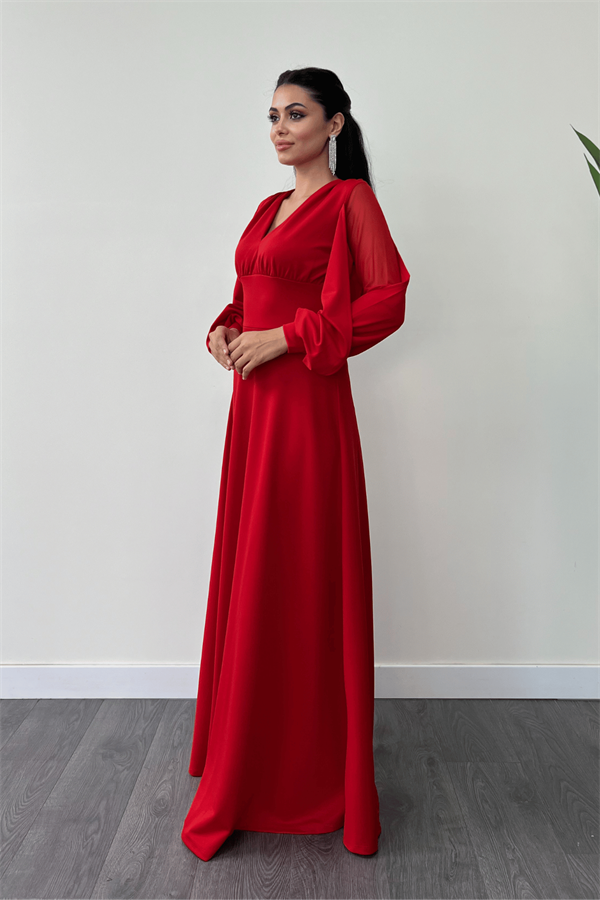 Krep Kumaş Kolları Tül Abiye Elbise - KIRMIZI