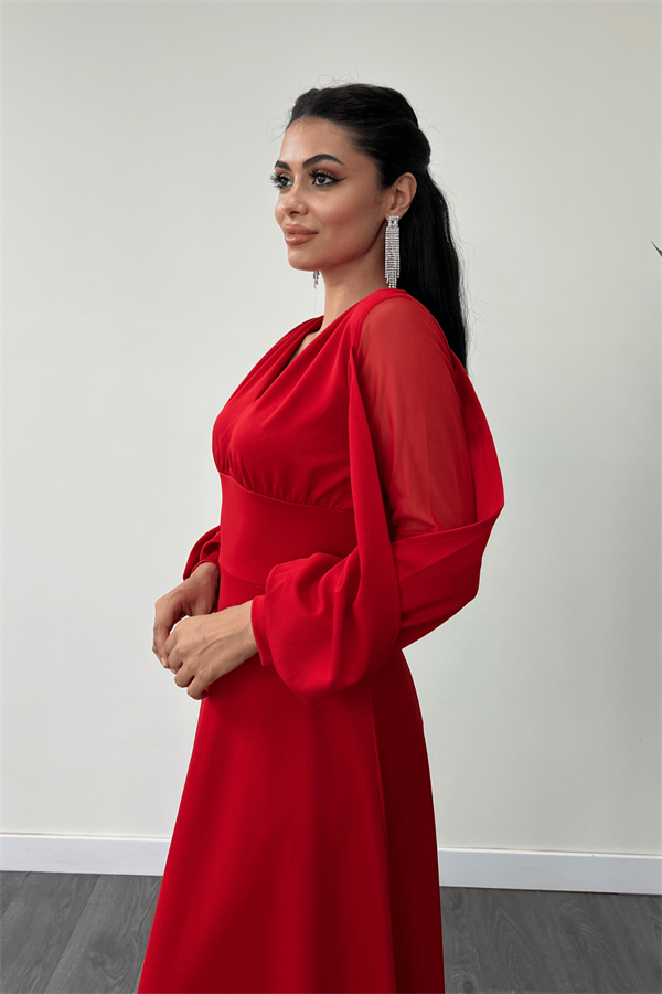 Krep Kumaş Kolları Tül Abiye Elbise - KIRMIZI