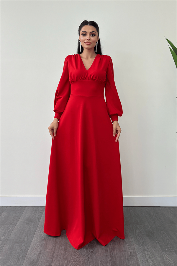 Krep Kumaş Kolları Tül Abiye Elbise - KIRMIZI