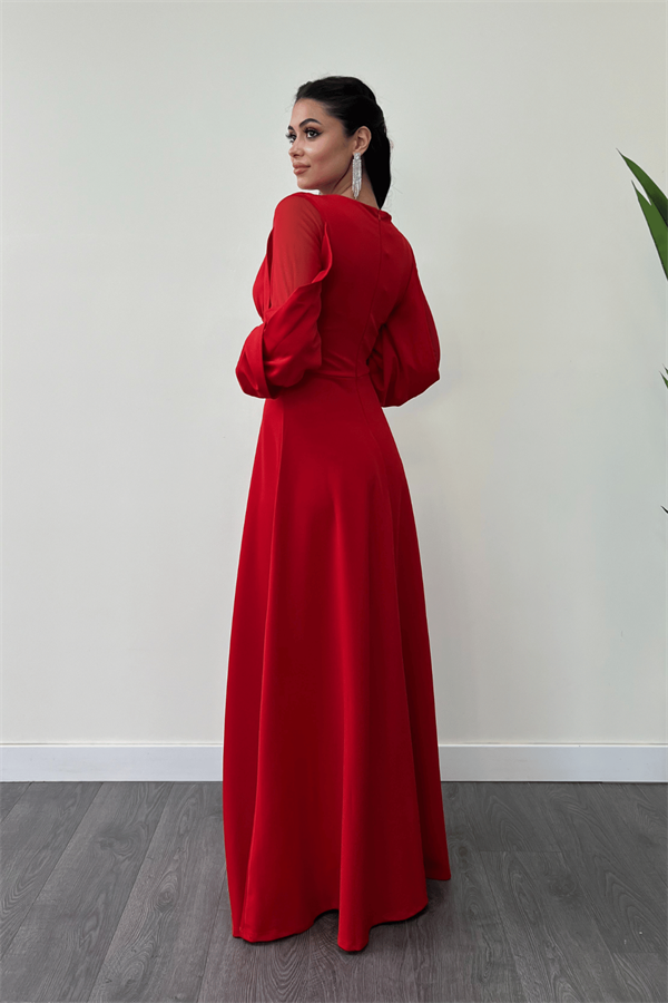 Krep Kumaş Kolları Tül Abiye Elbise - KIRMIZI