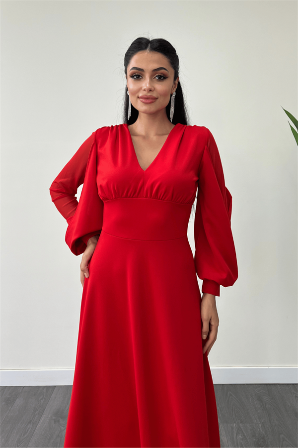 Krep Kumaş Kolları Tül Abiye Elbise - KIRMIZI