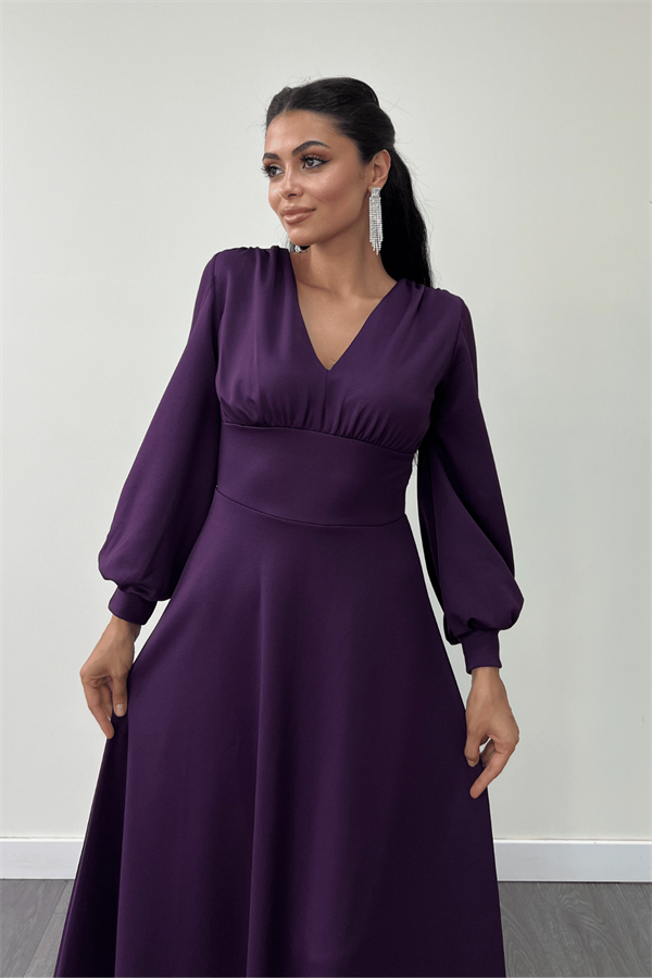 Krep Kumaş Kolları Tül Abiye Elbise - PATLICAN MOR