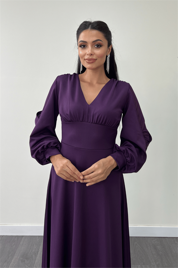 Krep Kumaş Kolları Tül Abiye Elbise - PATLICAN MOR