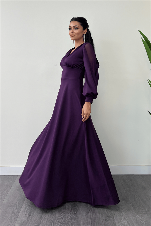 Krep Kumaş Kolları Tül Abiye Elbise - PATLICAN MOR