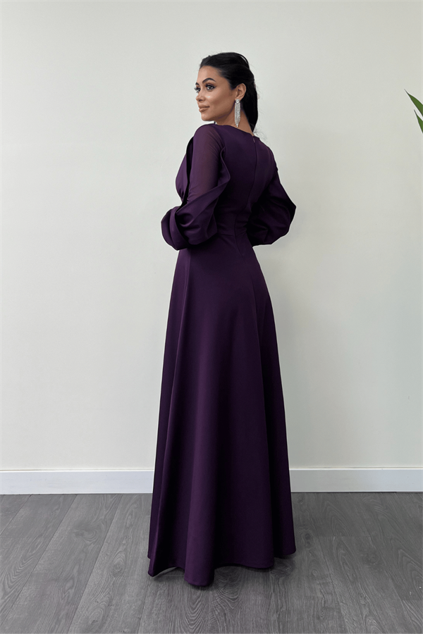 Krep Kumaş Kolları Tül Abiye Elbise - PATLICAN MOR