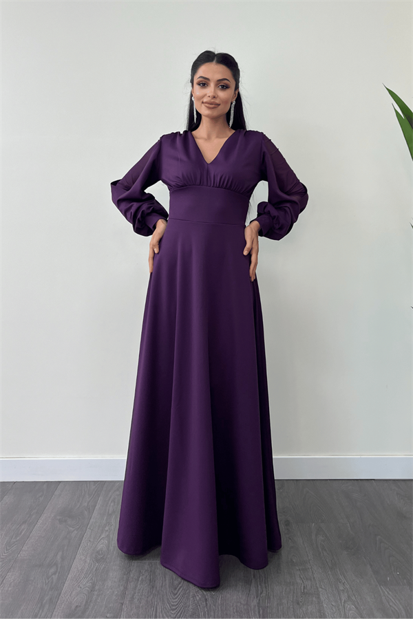 Krep Kumaş Kolları Tül Abiye Elbise - PATLICAN MOR