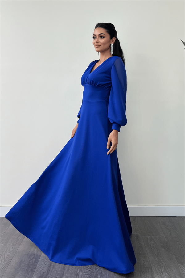 Krep Kumaş Kolları Tül Abiye Elbise - SAKS MAVİ
