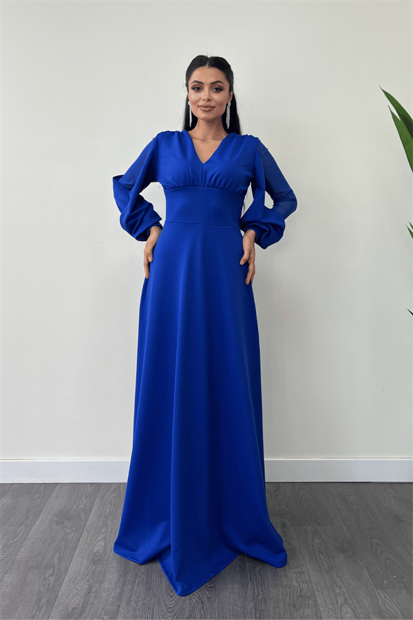 Krep Kumaş Kolları Tül Abiye Elbise - SAKS MAVİ