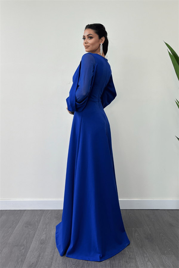 Krep Kumaş Kolları Tül Abiye Elbise - SAKS MAVİ