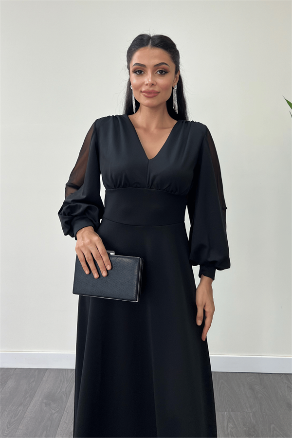 Krep Kumaş Kolları Tül Abiye Elbise - SİYAH