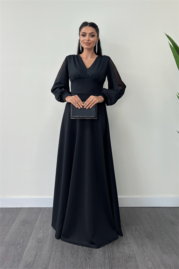 Krep Kumaş Kolları Tül Abiye Elbise - SİYAH