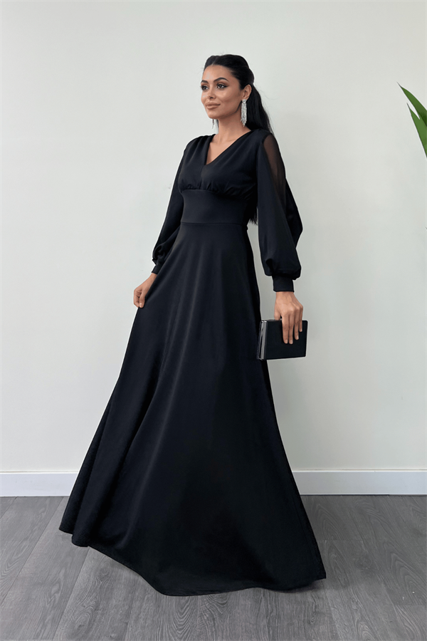 Krep Kumaş Kolları Tül Abiye Elbise - SİYAH