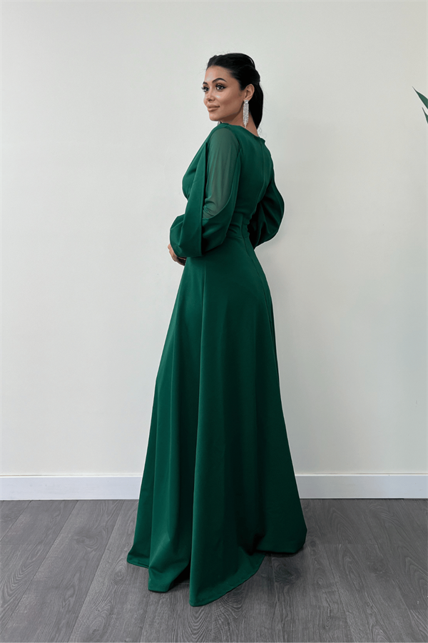 Krep Kumaş Kolları Tül Abiye Elbise - ZÜMRÜT YEŞİL