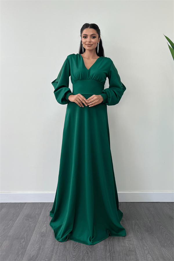 Krep Kumaş Kolları Tül Abiye Elbise - ZÜMRÜT YEŞİL