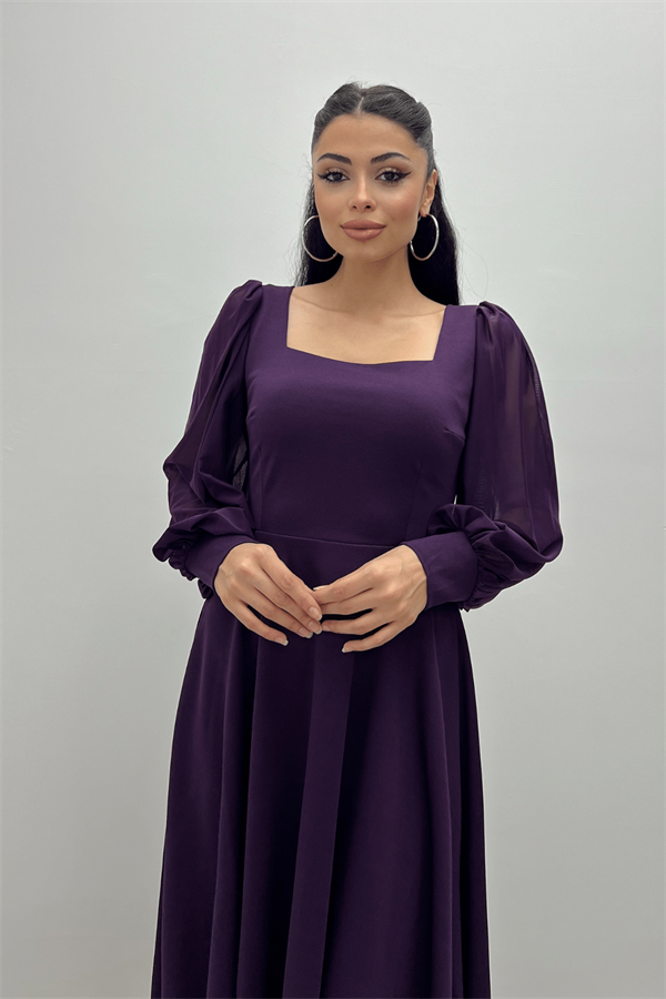 Krep Kumaş Kolları Tül Detaylı Midi Elbise - PATLICAN MOR