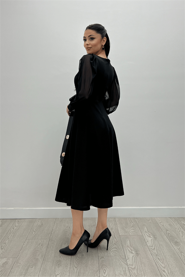 Krep Kumaş Kolları Tül Detaylı Midi Elbise - SİYAH