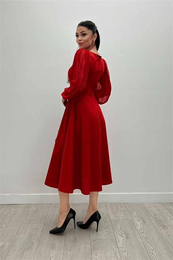 Krep Kumaş Kolları Tül Detaylı Midi Elbise - KIRMIZI