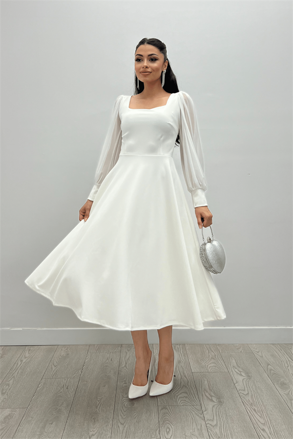 Krep Kumaş Kolları Tül Detaylı Midi Elbise - BEYAZ