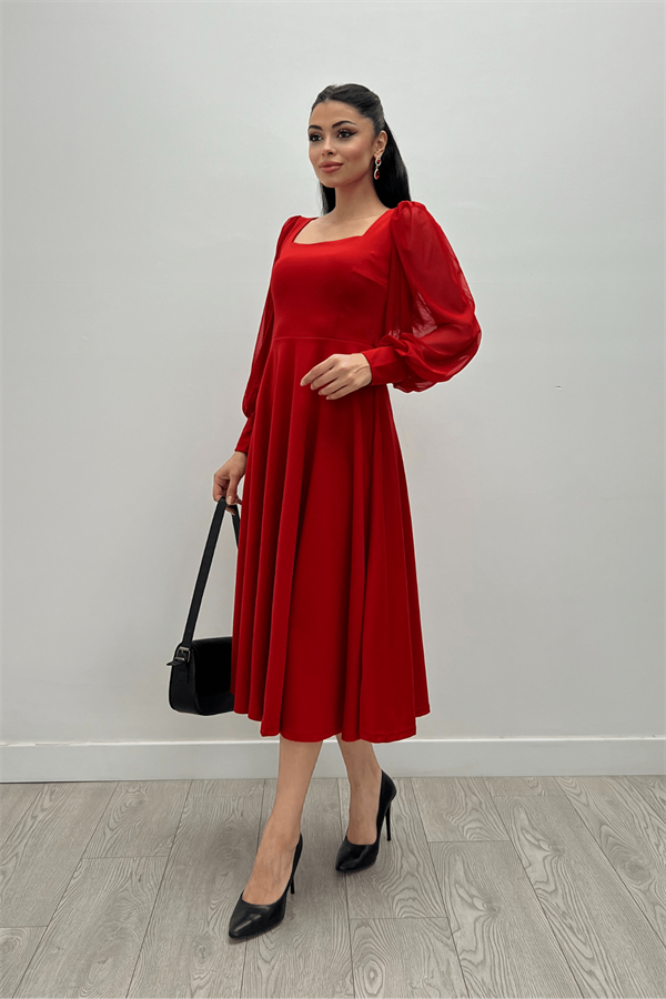 Krep Kumaş Kolları Tül Detaylı Midi Elbise - KIRMIZI