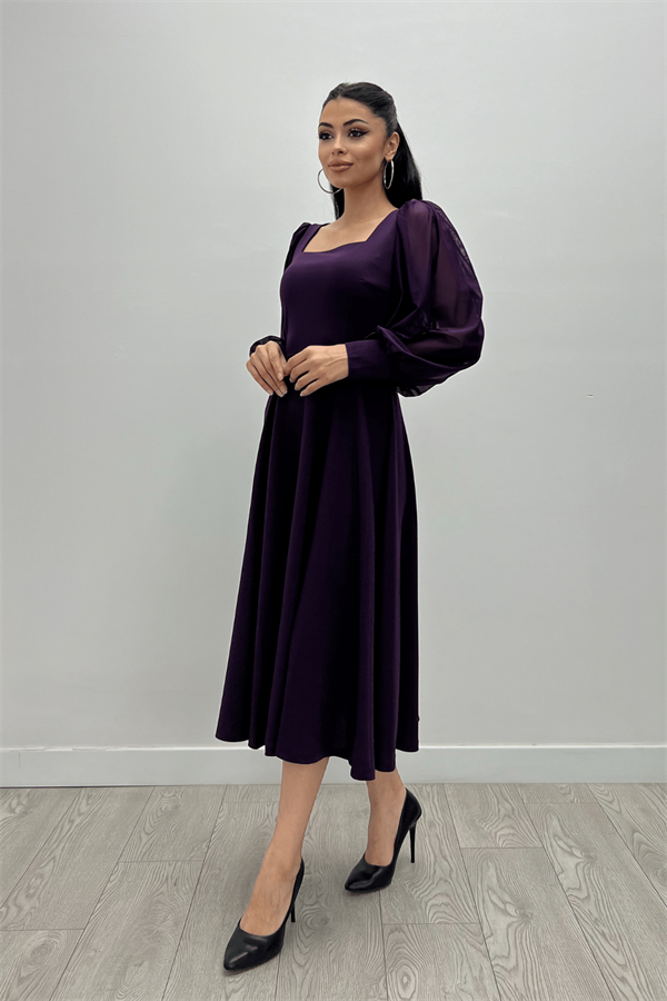 Krep Kumaş Kolları Tül Detaylı Midi Elbise - PATLICAN MOR