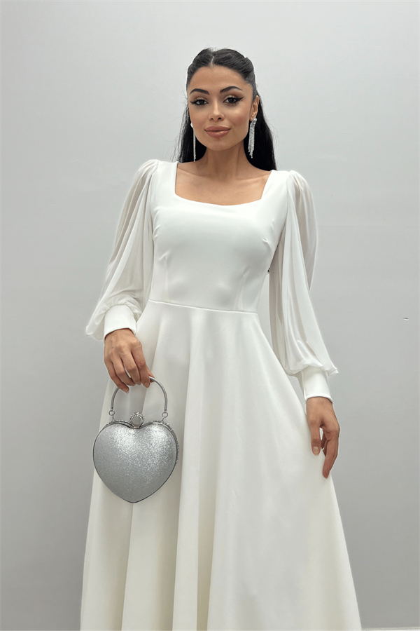 Krep Kumaş Kolları Tül Detaylı Midi Elbise - BEYAZ