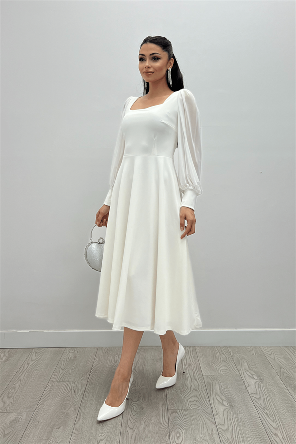 Krep Kumaş Kolları Tül Detaylı Midi Elbise - BEYAZ