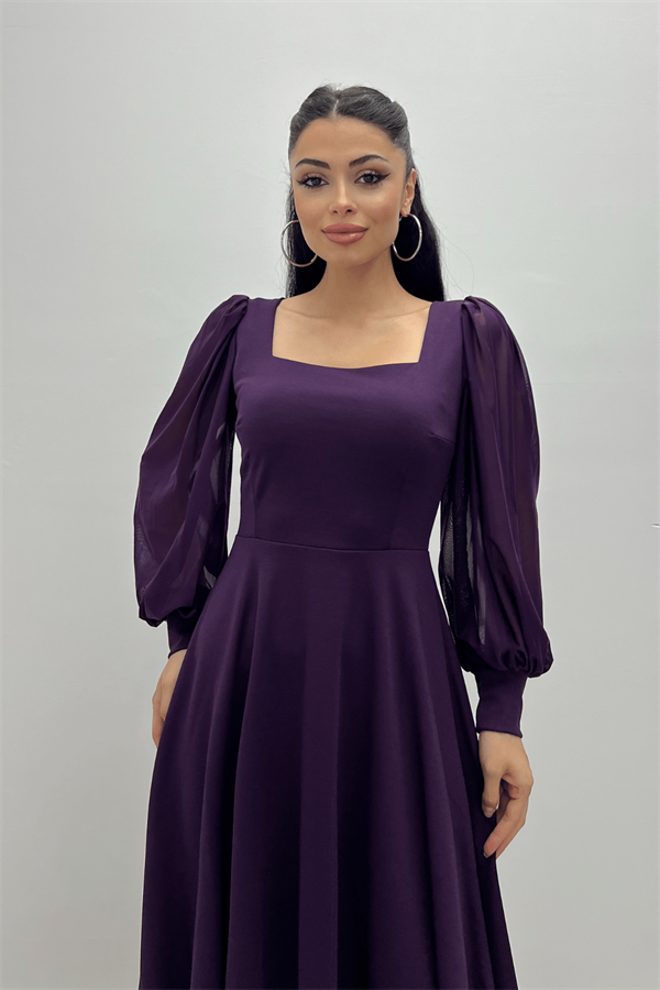 Krep Kumaş Kolları Tül Detaylı Midi Elbise - PATLICAN MOR