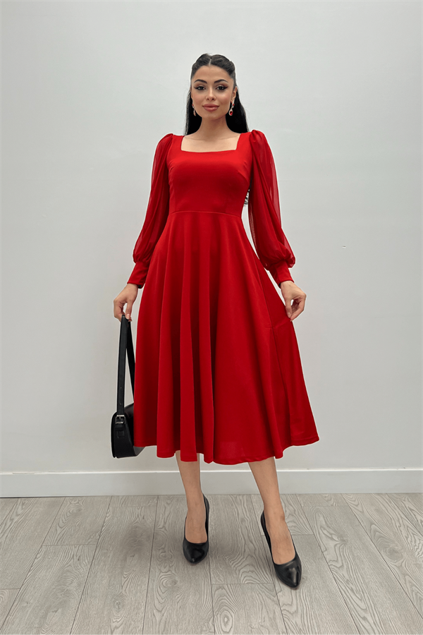 Krep Kumaş Kolları Tül Detaylı Midi Elbise - KIRMIZI