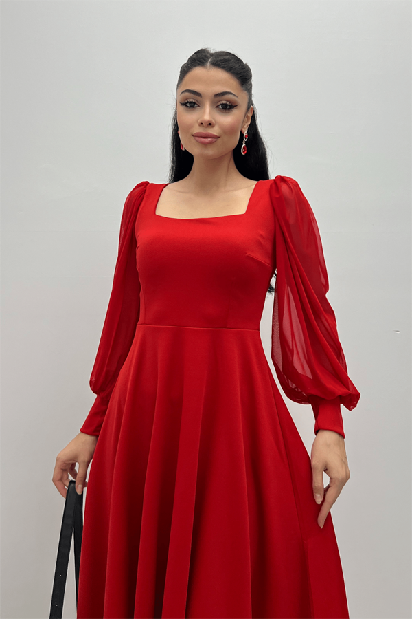 Krep Kumaş Kolları Tül Detaylı Midi Elbise - KIRMIZI