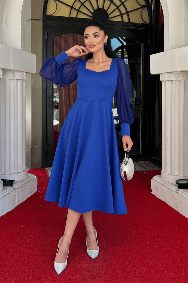 Krep Kumaş Kolları Tül Detaylı Midi Elbise - SAKS MAVİ