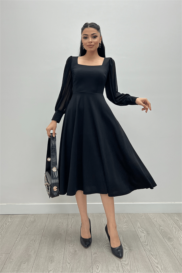 Krep Kumaş Kolları Tül Detaylı Midi Elbise - SİYAH