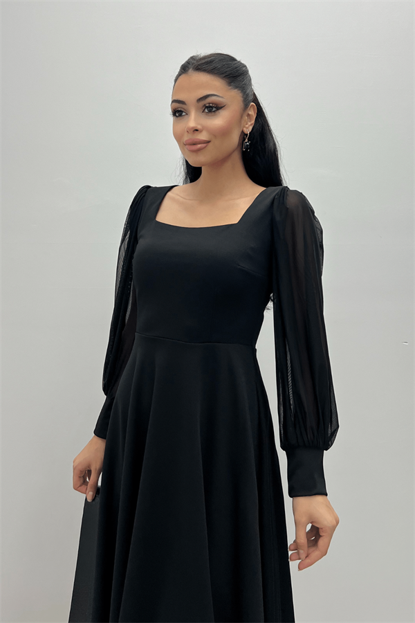 Krep Kumaş Kolları Tül Detaylı Midi Elbise - SİYAH