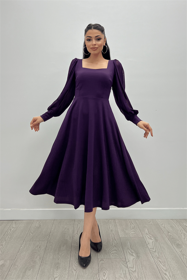 Krep Kumaş Kolları Tül Detaylı Midi Elbise - PATLICAN MOR