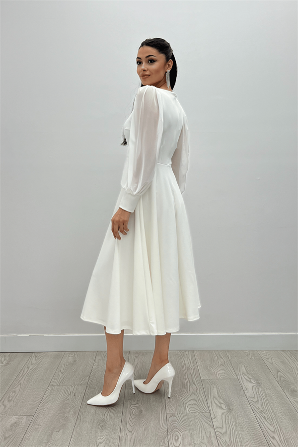Krep Kumaş Kolları Tül Detaylı Midi Elbise - BEYAZ