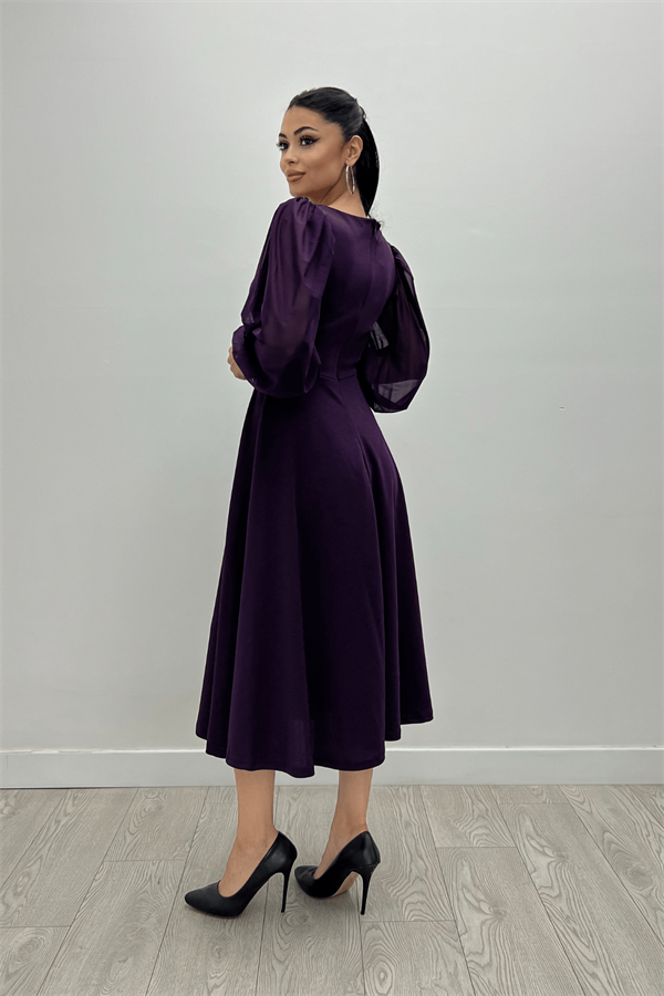 Krep Kumaş Kolları Tül Detaylı Midi Elbise - PATLICAN MOR