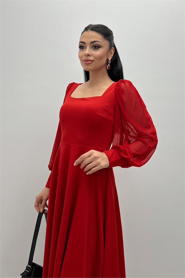 Krep Kumaş Kolları Tül Detaylı Midi Elbise - KIRMIZI