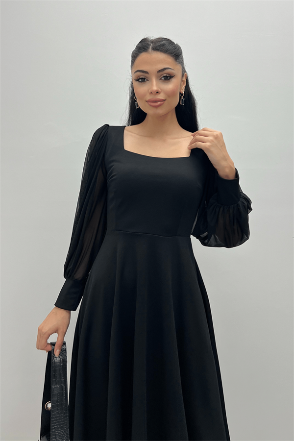 Krep Kumaş Kolları Tül Detaylı Midi Elbise - SİYAH