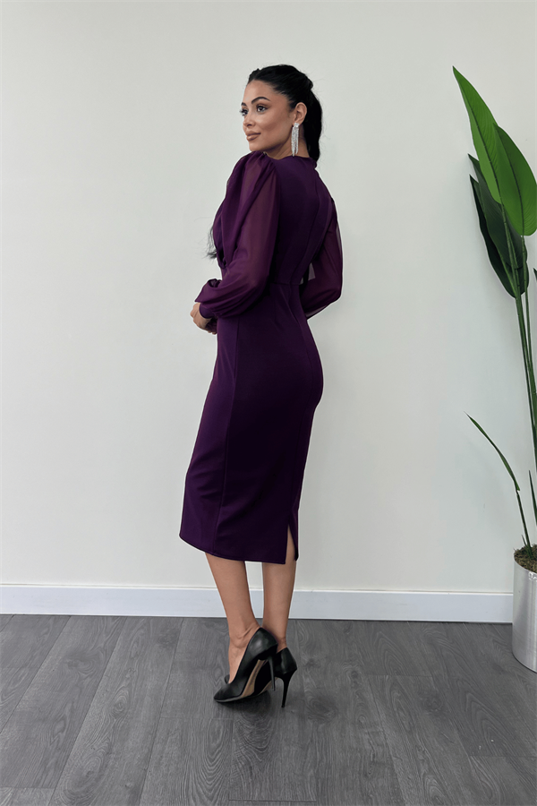 Krep Kumaş Kollar Tül Kalem Elbise - PATLICAN MOR