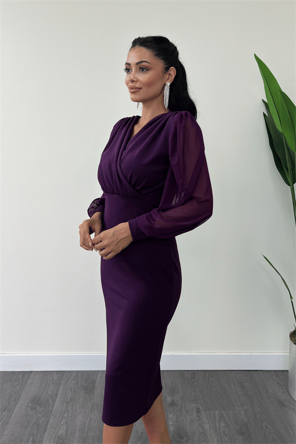 Krep Kumaş Kollar Tül Kalem Elbise - PATLICAN MOR