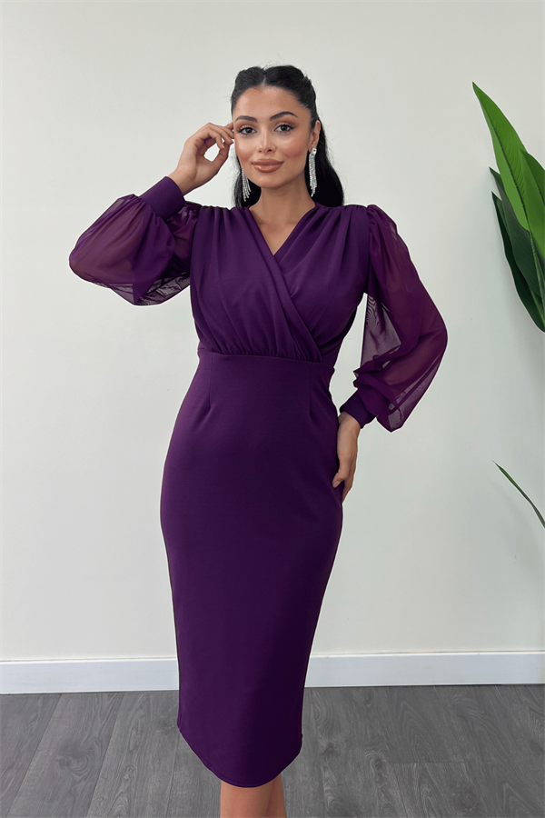 Krep Kumaş Kollar Tül Kalem Elbise - PATLICAN MOR