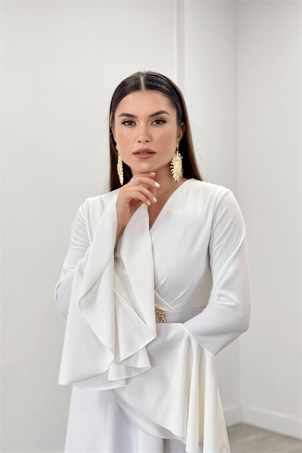 Krep Kumaş Kolları Volan Detaylı Maxiboy Abiye Elbise - BEYAZ