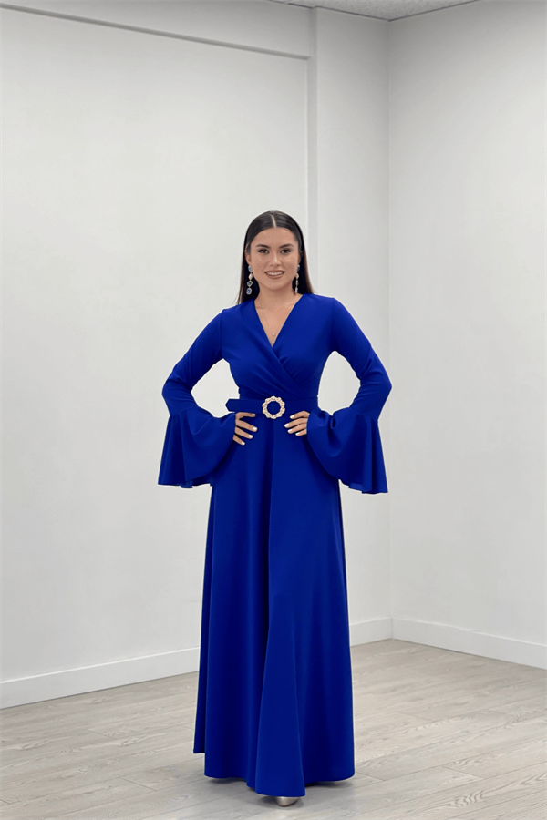 Krep Kumaş Kolları Volan Detaylı Maxiboy Abiye Elbise - SAKS MAVİ