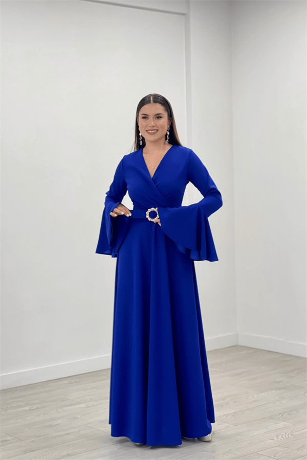 Krep Kumaş Kolları Volan Detaylı Maxiboy Abiye Elbise - SAKS MAVİ