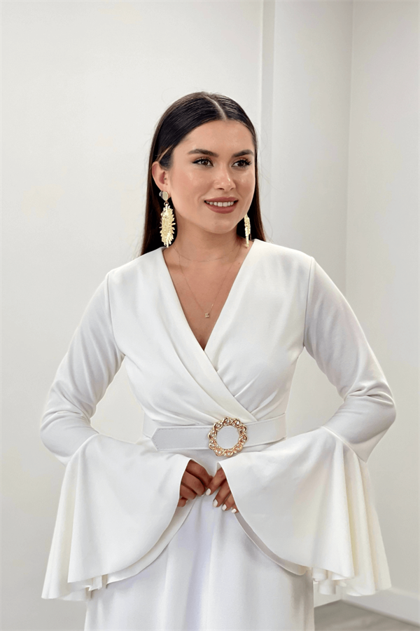 Krep Kumaş Kolları Volan Detaylı Maxiboy Abiye Elbise - BEYAZ