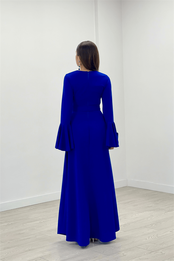 Krep Kumaş Kolları Volan Detaylı Maxiboy Abiye Elbise - SAKS MAVİ