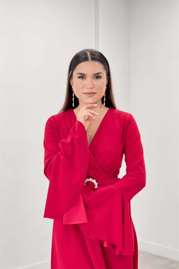 Krep Kumaş Kolları Volan Detaylı Maxiboy Abiye Elbise - KIRMIZI