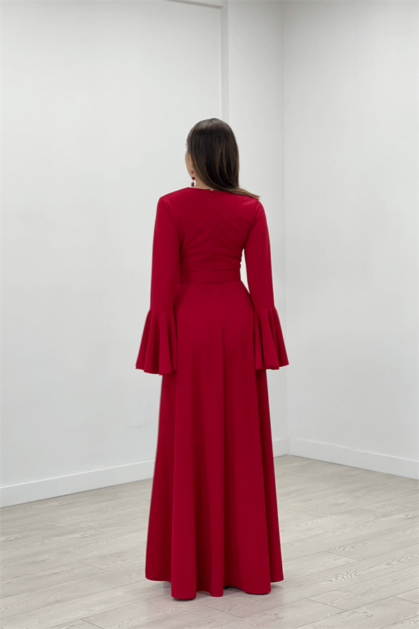 Krep Kumaş Kolları Volan Detaylı Maxiboy Abiye Elbise - KIRMIZI