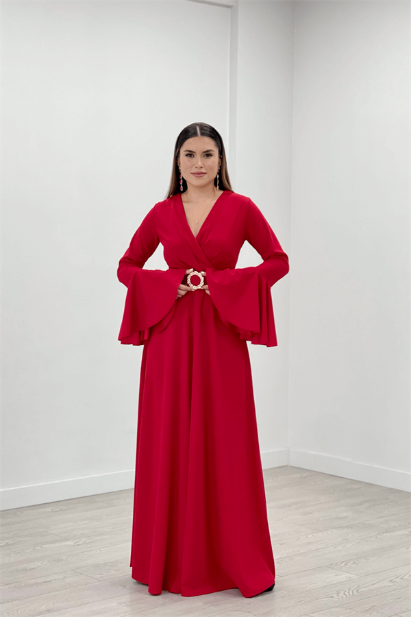 Krep Kumaş Kolları Volan Detaylı Maxiboy Abiye Elbise - KIRMIZI